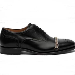 Taft Black Leather Oxfords with Gold Chain